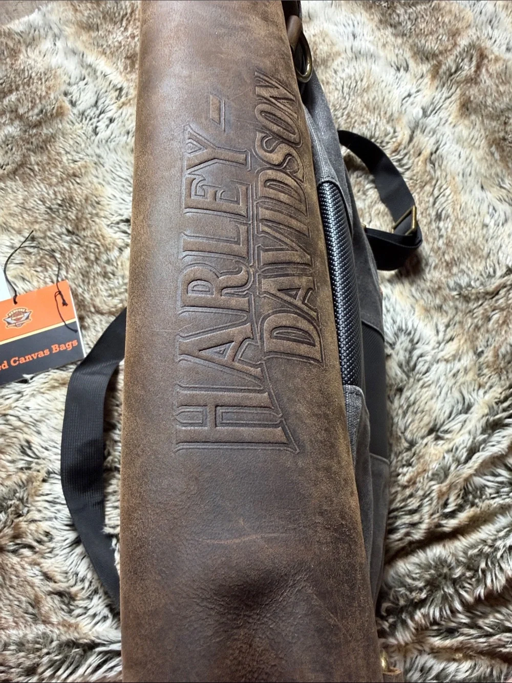 Harley-Davidson Gray Waxed Canvas Messenger Bag with Brown Trim